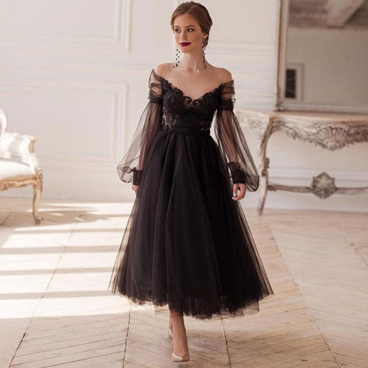 Black V-Neck Bubble Long Sleeves Bridesmaid Dress