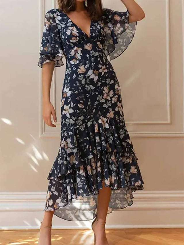 Chiffon Navy Floral Printed V Neck Dress