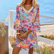 Women Tribal Boho V Neck Loose Short Tunic Short Dress