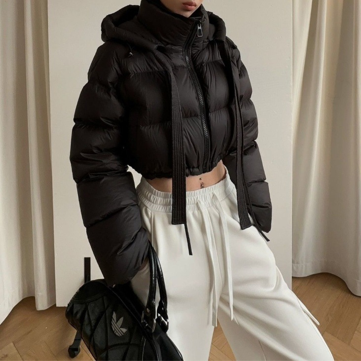 Hooded Tie Zipper Puffer Crop Coat