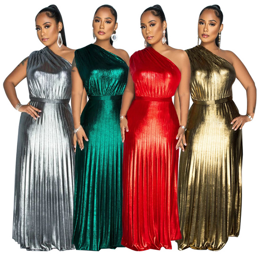 One Shoulder Metallic Maxi Dress