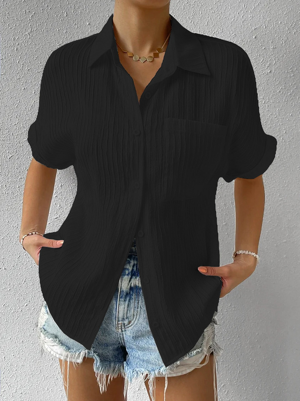 Simple Collared Buttoned Short Sleeves Top