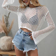 Sheer Crochet Long Sleeve Swim Cover-Up Top