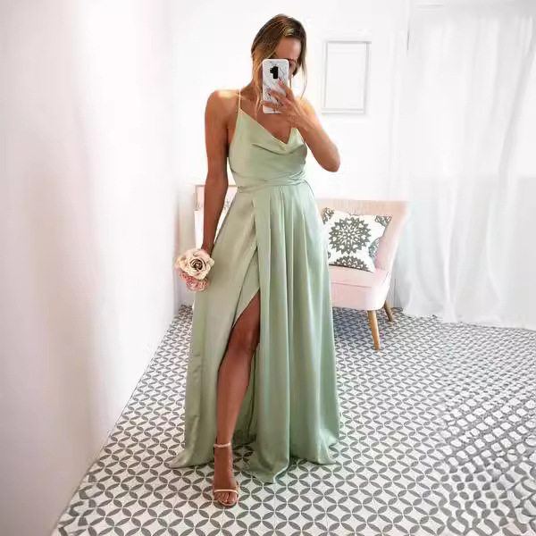 A-Line Cowl Neck Satin Front Slit Prom Dress