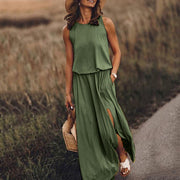 Women's Round Neck Solid Cotton-Blend Boho Maxi Dress