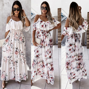 Short Sleeves Floral Printed Straps Pleated Stretch Long Dress