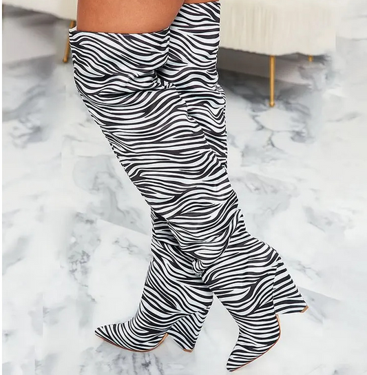 Zebra Print Pointed Toe Cone Heel Thigh High Boots