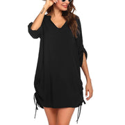 Split Neck Drawstring Side Solid Beach Cover Up