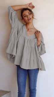 Oversized V-Neck Casual Sweet Loose Tiered Top