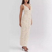 Appliques V-Neck Sleeveless Slit Maxi Dress