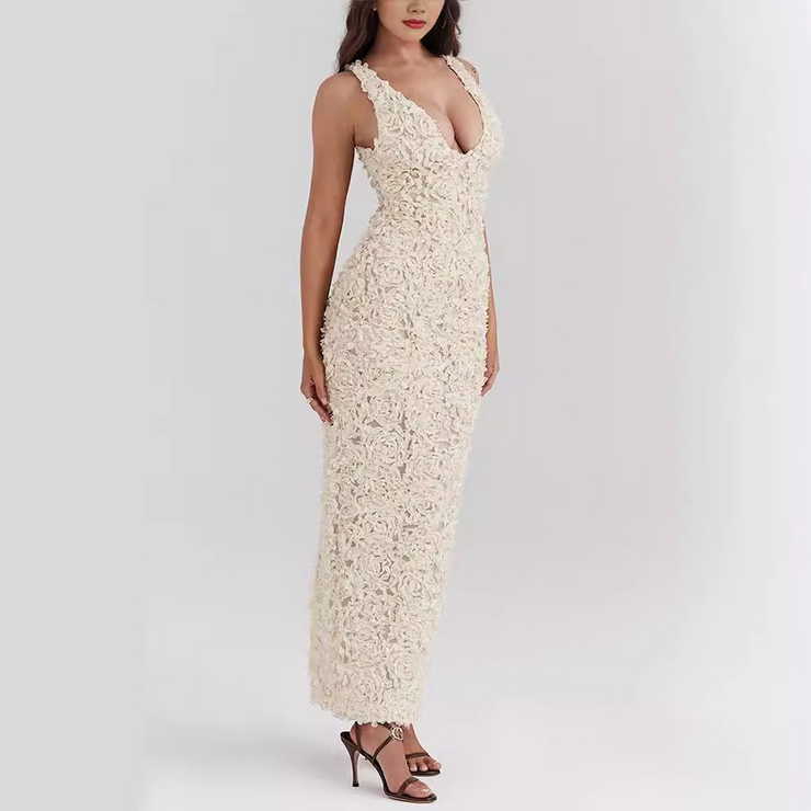 Appliques V-Neck Sleeveless Slit Maxi Dress