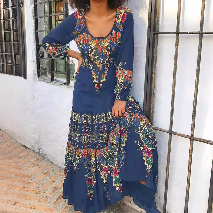 Boho U-Neck Cotton Long Sleeve Blends Knitting Dress