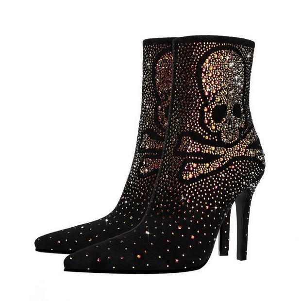 Pointed Toe Rhinestone Super High Heels Women's Short Boots