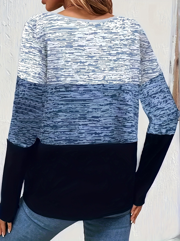 Blue Patchwork Striped Long Sleeve Round Neck Sweatshirt