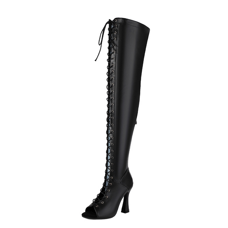 Black Lace Up Thigh High Heel Boots