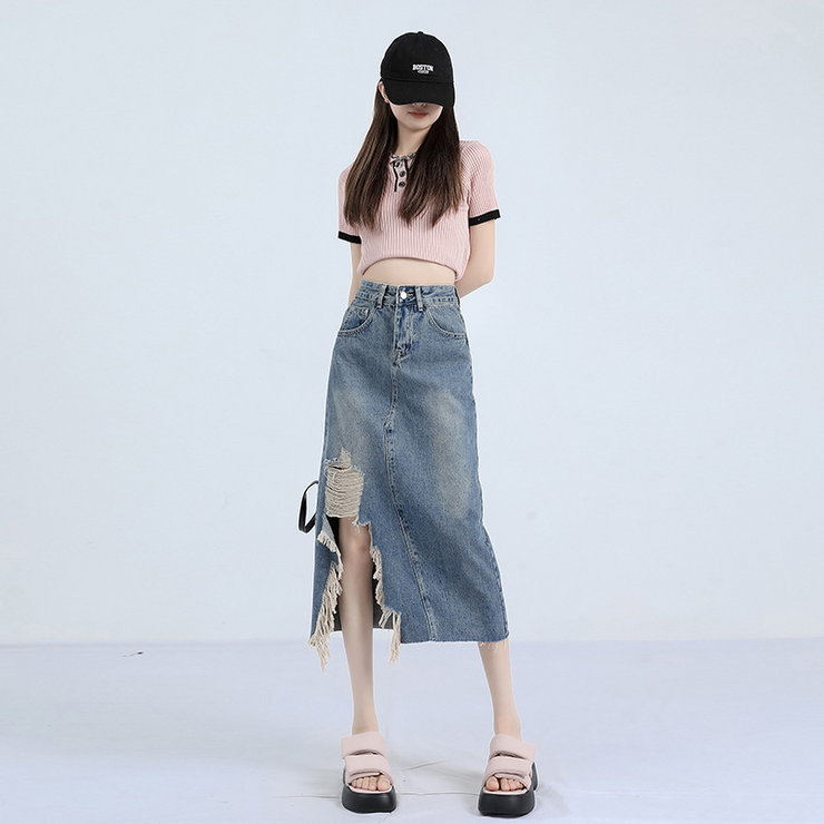 Asymmetric Ripped Trim Denim Skirt