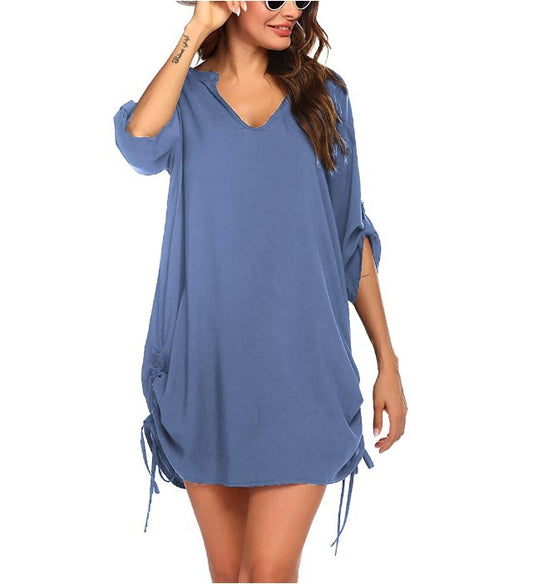 Split Neck Drawstring Side Solid Beach Cover Up