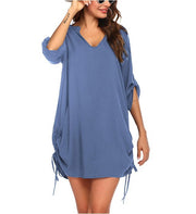 Split Neck Drawstring Side Solid Beach Cover Up