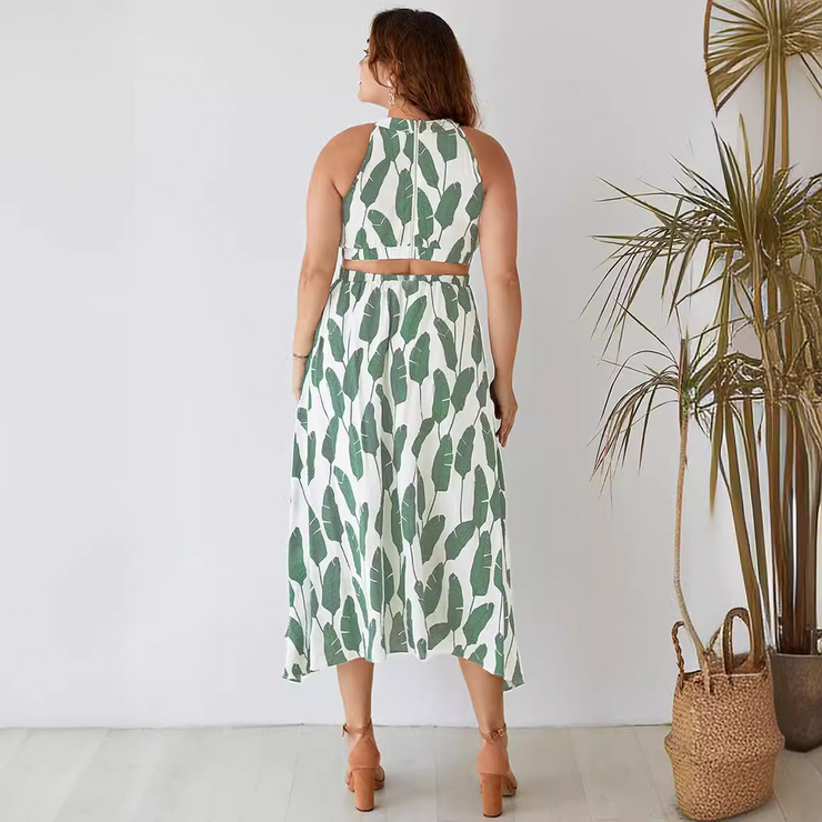 Leave Printed Sleeveless Halter Neck Maxi Dress