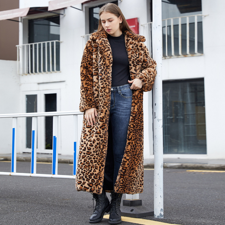 Leopard Print Faux Fur Long Coat