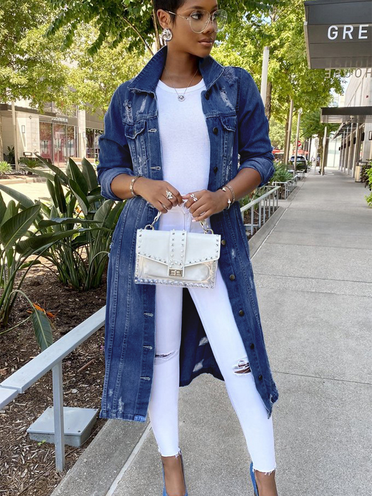 Long Ripped Button Denim Coat