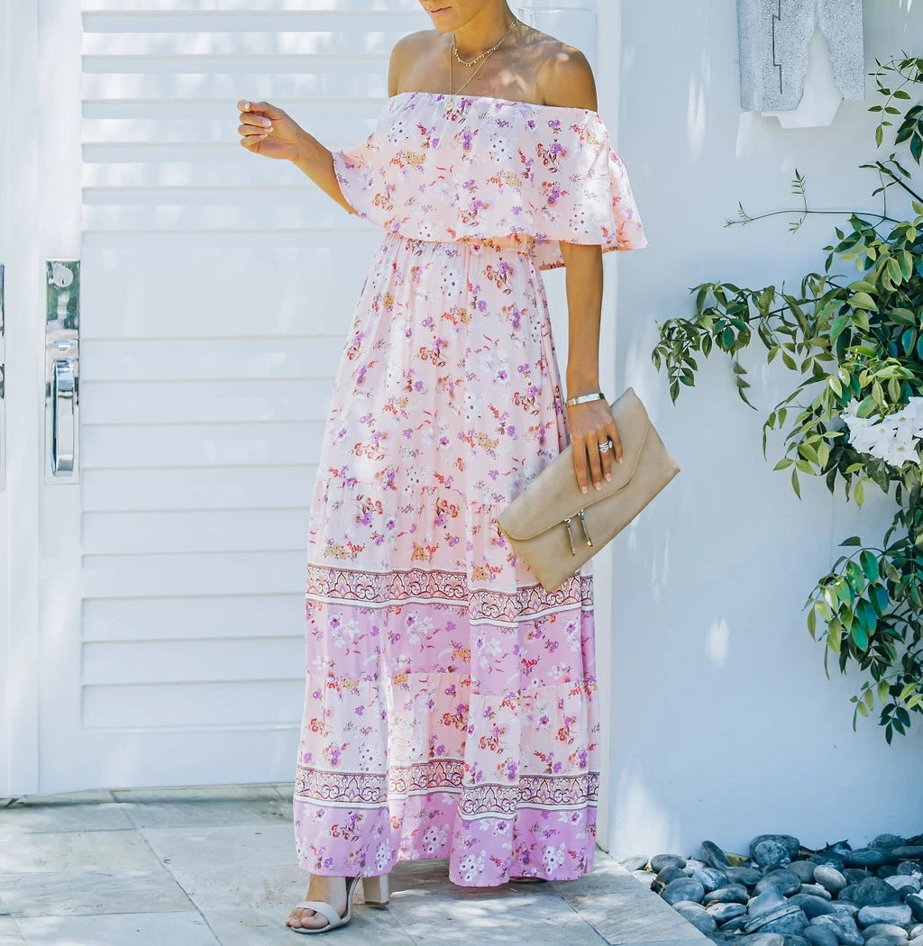 Floral Chiffon Off Shoulder Ruffled Tiered Maxi Dress