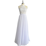 White Halter Neck Sleeveless Lace Wedding Dress