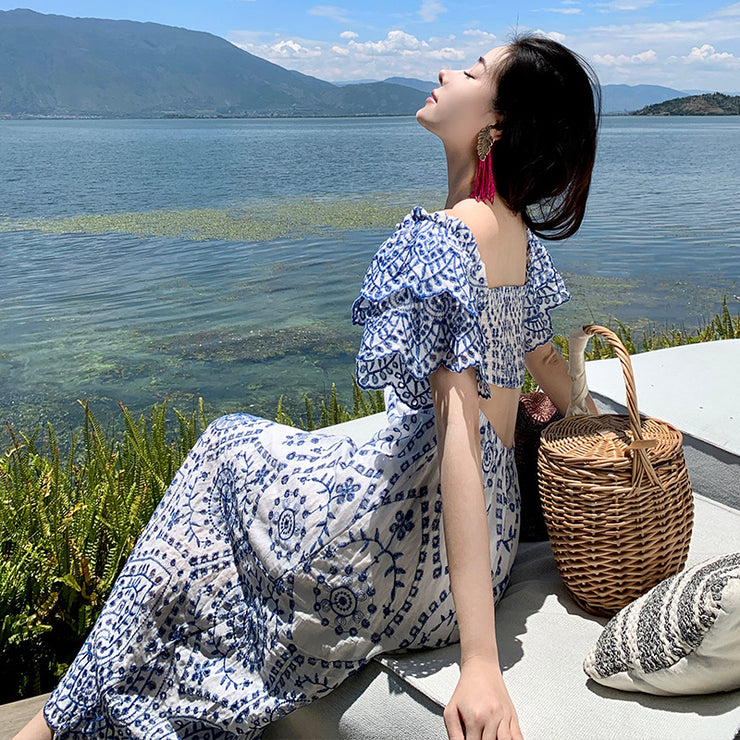 Blue Embroidery Ruffle Sleeve Cotton Dress