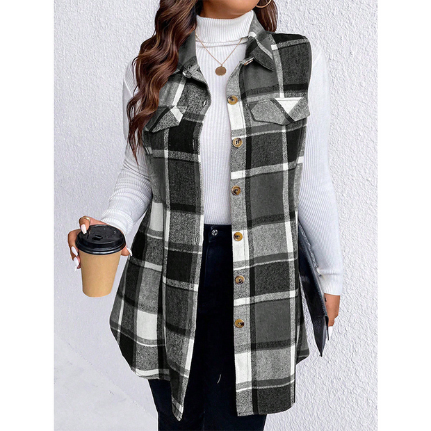 Patchwork Plaid Sleeveless Shirt Collar Waistcoat