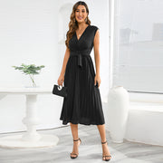 Sash Adorned Pleated Wrap Sleeveless Dress