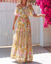 Floral Chiffon Off Shoulder Ruffled Tiered Maxi Dress