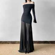 Elegant Slim Fit Bell Sleeves Pleated Maxi Dress