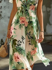 Deep V Neck Floral Printed Casual Dress