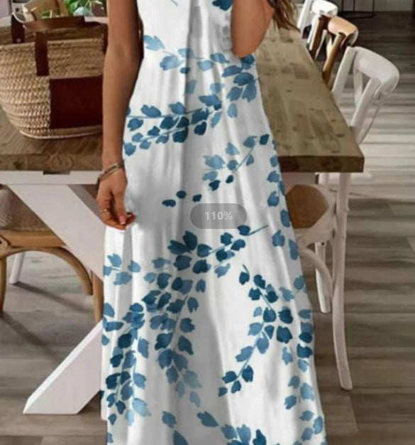 White Casual Plants Loose Square Neck Maxi Dress