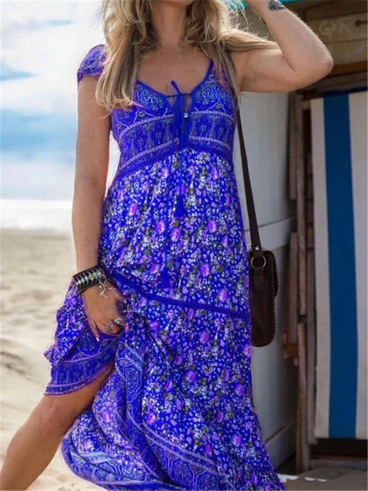 Women V Neck Casual Floral Printed Short Sleeve Woven Dress