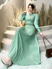 Simple Pleated Long Sleeves Belted Maxi Dress