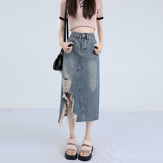 Asymmetric Ripped Trim Denim Skirt