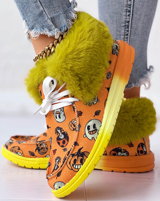 Halloween-themed Pumpkin Graphic Lace-up Fuzzy Ankle Boots