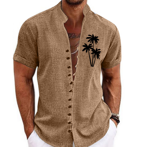 Stand Collar Coconut Tree Printed Casual Shirt