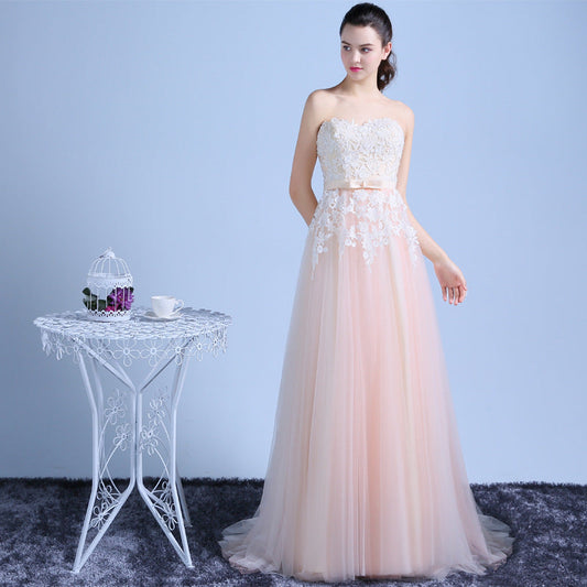 Misty Rose Mesh Lace Embroidered Backless Maxi Bridesmaid Dress