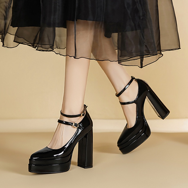 Patent Leather Platform Pumps Ankle Strap Chunky Heels