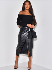 Black Split Faux Leather Skirt