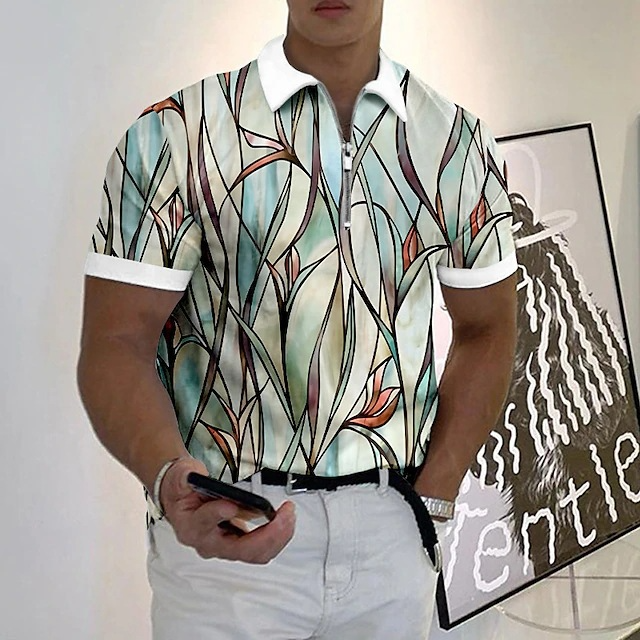 Graphical Printed Lapel Collar Short Sleeves Shirt