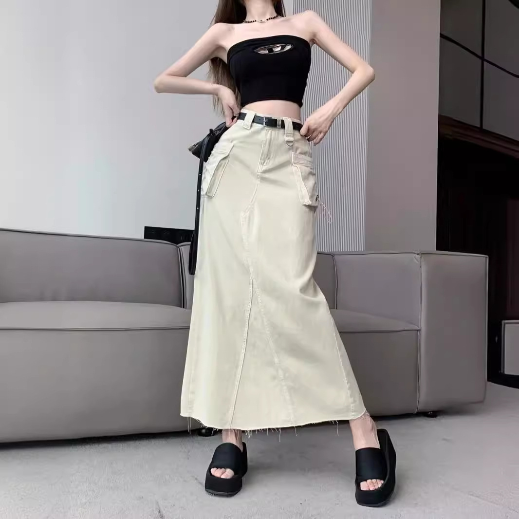 Asymmetric Belted Flap Pocket Split Maxi Skirt