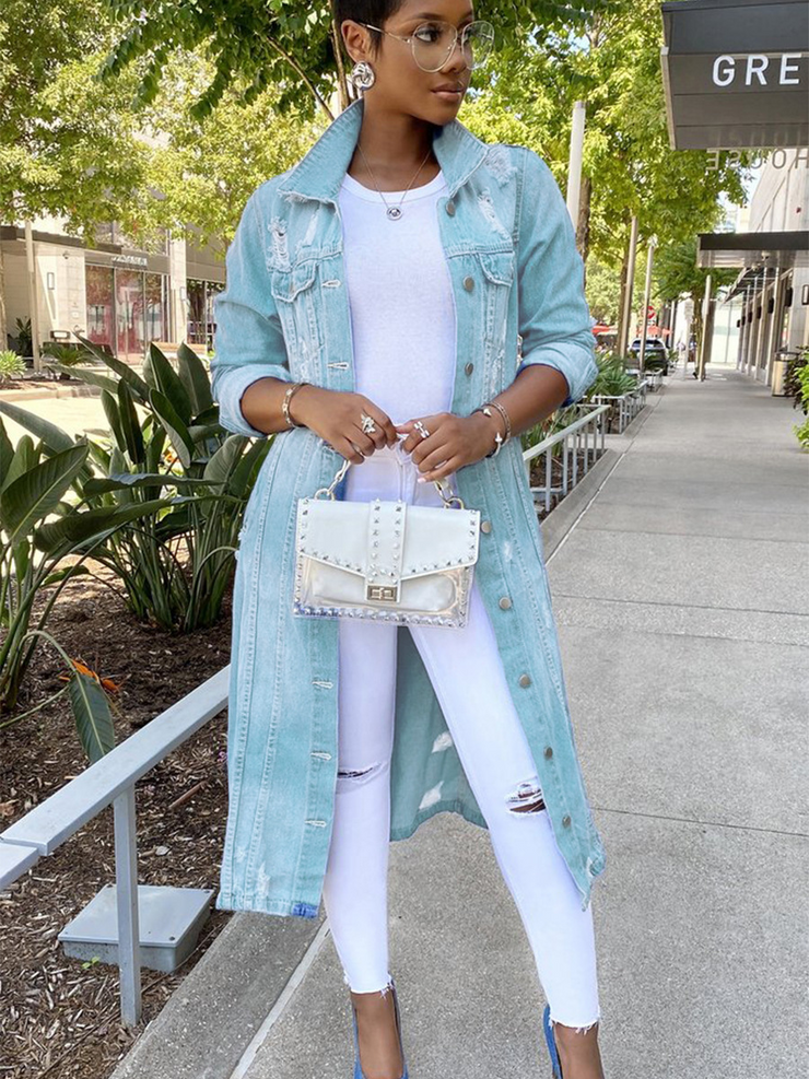 Long Ripped Button Denim Coat