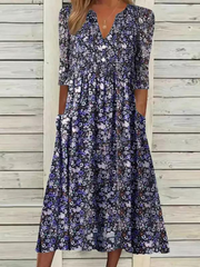 Casual Floral Printed V Neck Long Sleeves Midi Dress