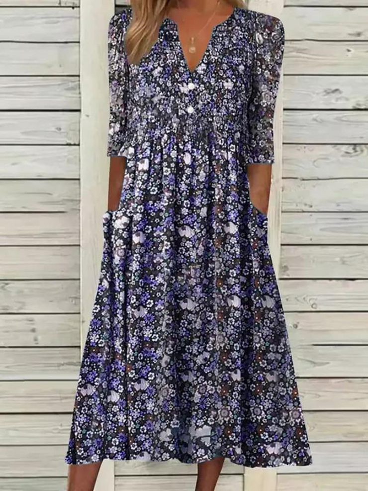 Casual Floral Printed V Neck Long Sleeves Midi Dress