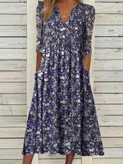 Casual Short Sleeve Woven V Neck Floral Midi Dress