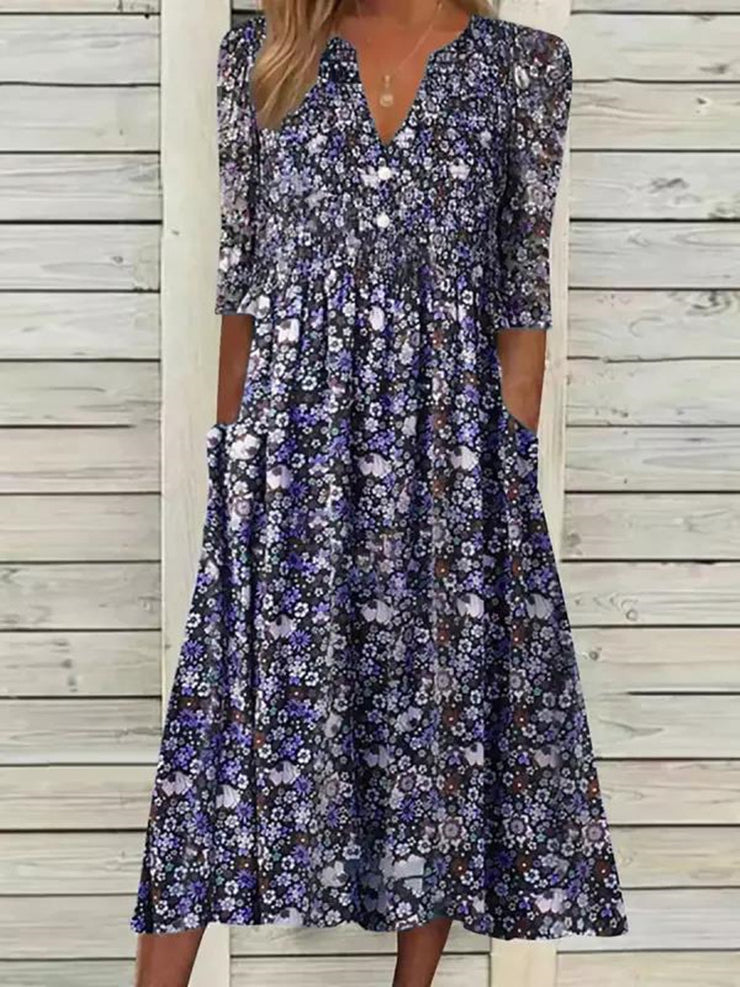 Casual Short Sleeve Woven V Neck Floral Midi Dress