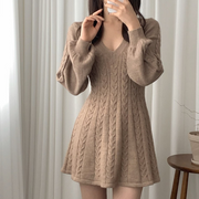 V Neck Long Sleeve Sweater Dress